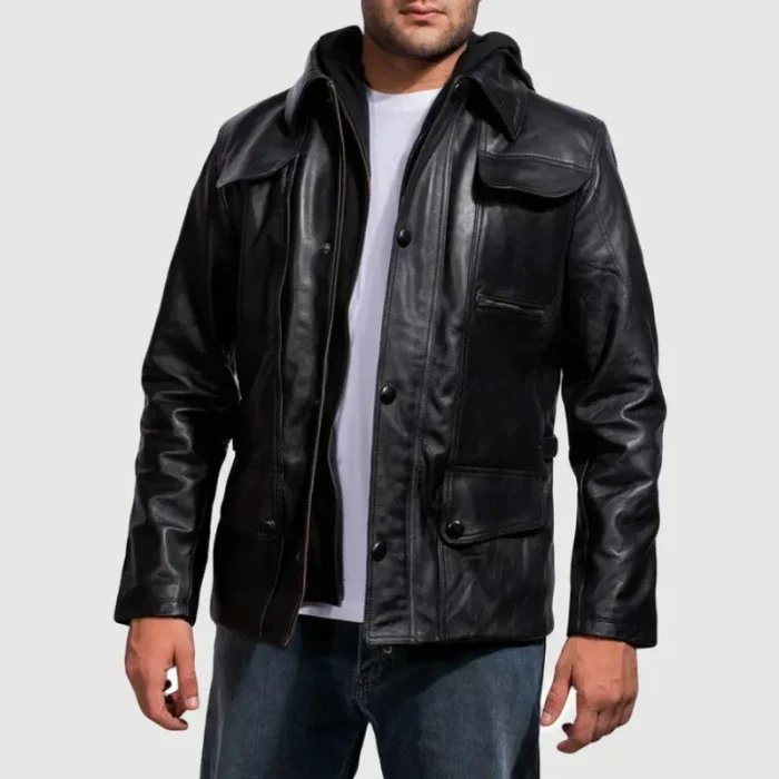 Men'S Hooded Black Leather Bomber Jacket Wearing Look