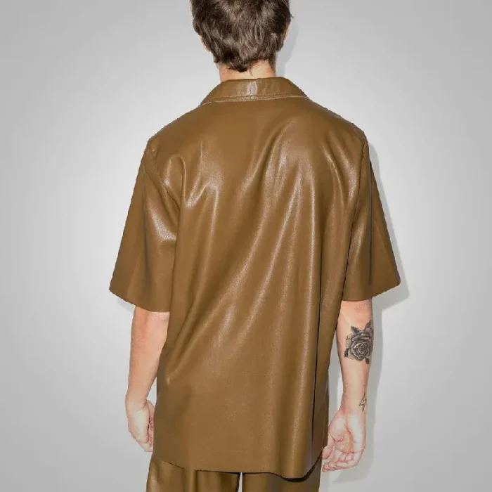 Men'S Khaki Leather Half Sleeves Shirt Back
