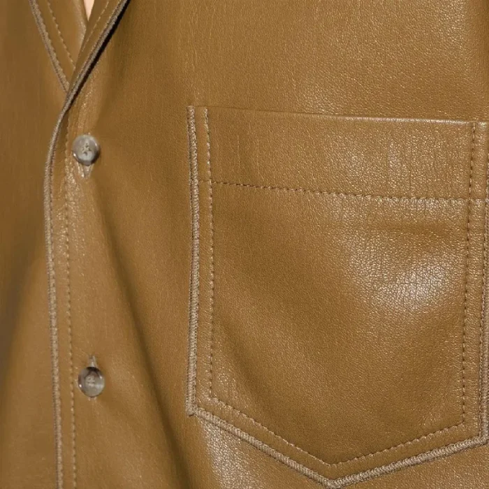 Men'S Khaki Leather Half Sleeves Shirt Close
