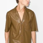 Men's Khaki Leather Half Sleeves Shirt Front