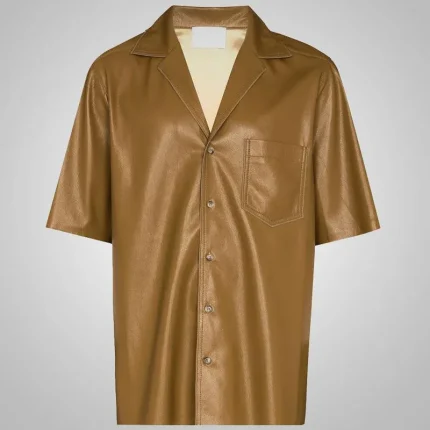Men's Khaki Leather Half Sleeves Shirt