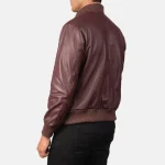 Men's Maroon Bomber Leather Zip-Up Jacket Back View