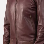 Men's Maroon Bomber Leather Zip-Up Jacket Close Site