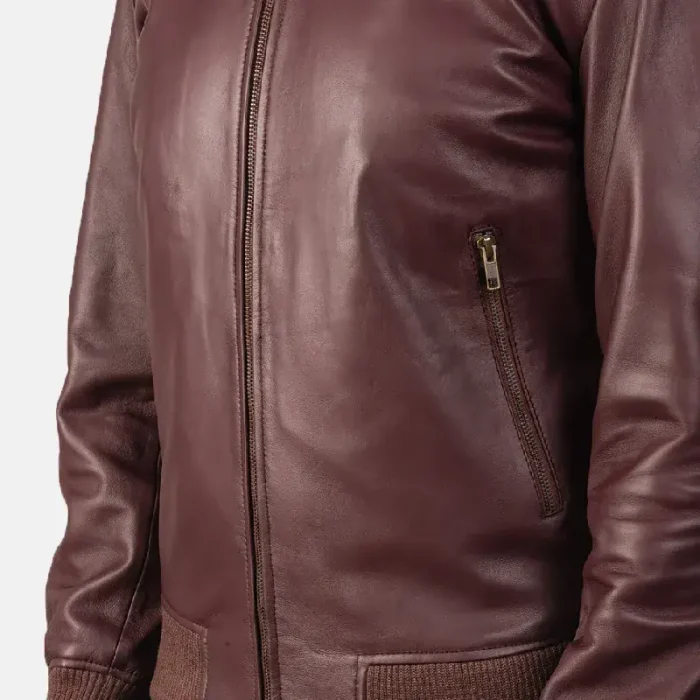 Men'S Maroon Bomber Leather Zip-Up Jacket Close Site
