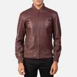 Men's Maroon Bomber Leather Zip-Up Jacket Front