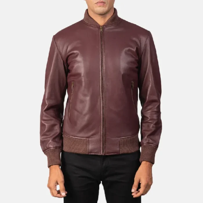Men'S Maroon Bomber Leather Zip-Up Jacket Front