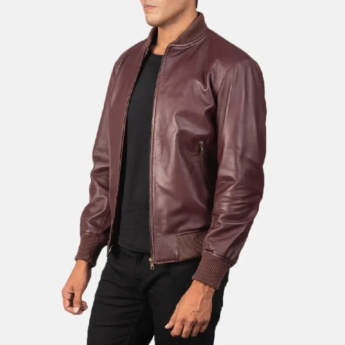 Men'S Maroon Bomber Leather Zip-Up Jacket Side View