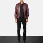 Men's Maroon Bomber Leather Zip-Up Jacket Wearing Look