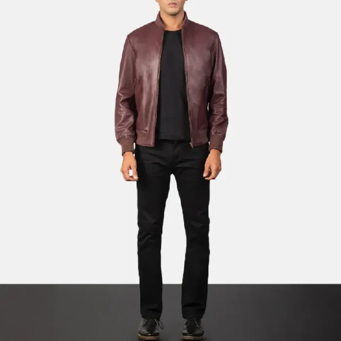 Men'S Maroon Bomber Leather Zip-Up Jacket Wearing Look
