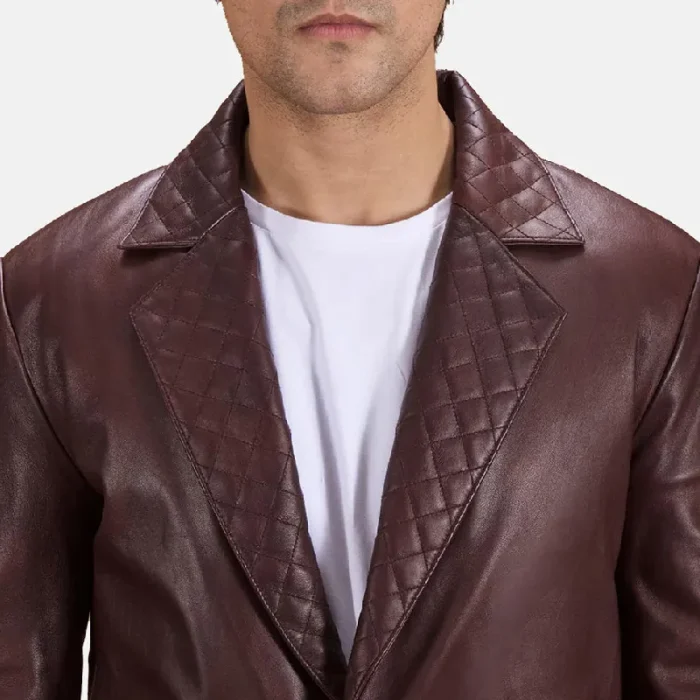 Men'S Maroon Leather Blazer Close View