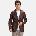Men's Maroon Leather Blazer With Quilted Lapel
