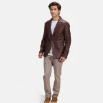 Men's Maroon Leather Blazer Wearing Look