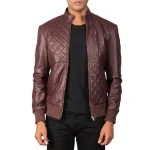 Men's Maroon Quilted Leather Bomber Jacket