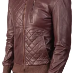 Men's Maroon Leather Bomber Zip-Up Jacket Close View