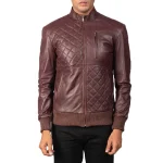 Men's Maroon Leather Bomber Zip-Up Jacket Front View
