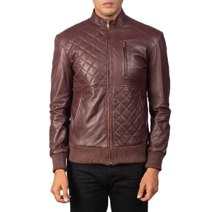 Men'S Maroon Leather Bomber Zip-Up Jacket Front View