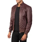 Men's Maroon Leather Bomber Zip-Up Jacket Side View