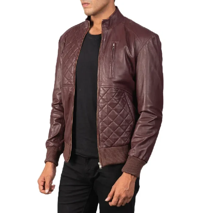 Men'S Maroon Leather Bomber Zip-Up Jacket Side View