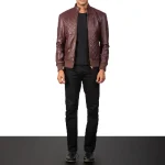 Men's Maroon Leather Bomber Zip-Up Jacket Wearing Look