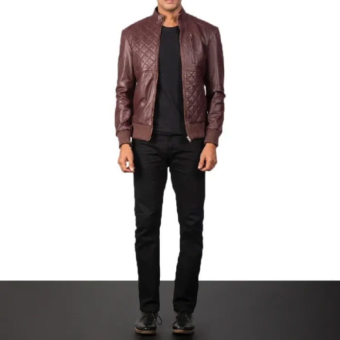 Men'S Maroon Leather Bomber Zip-Up Jacket Wearing Look