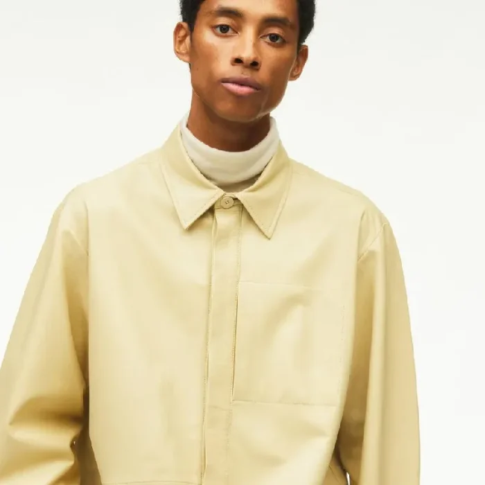 Men'S Off White Full Sleeves Normal Fit Leather Shirt Front