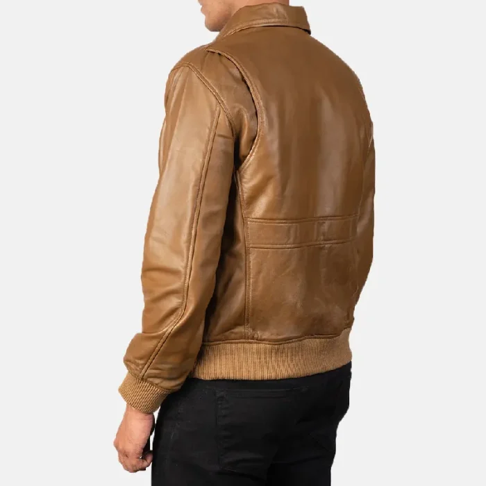 Men'S Olive Brown Leather Bomber Jacket Back