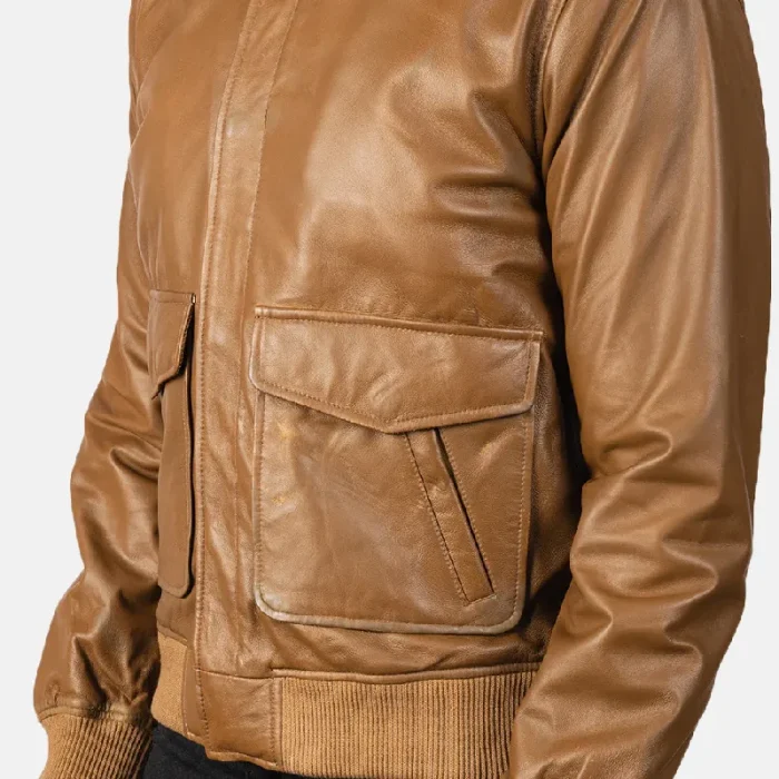 Men'S Olive Brown Leather Bomber Jacket Close View