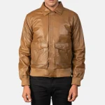 Men's Olive Brown Leather Bomber Jacket Front