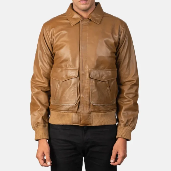 Men'S Olive Brown Leather Bomber Jacket Front