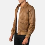 Men's Olive Brown Leather Bomber Jacket Side