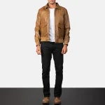 Men's Olive Brown Leather Bomber Jacket Wearing Look