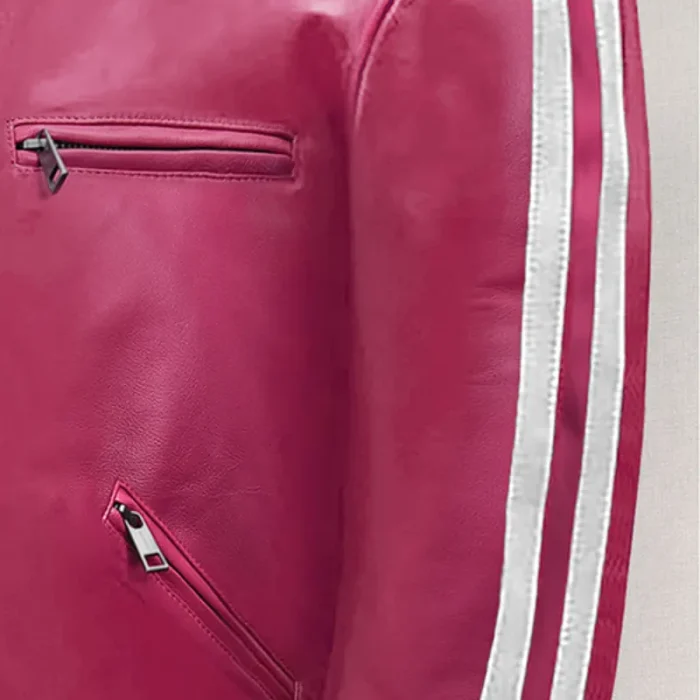 Men'S Pink Sheepskin Leather Sportsman Stripe Jacket Close Up