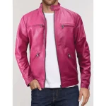 Men's Pink Sheepskin Leather Sportsman Stripe Jacket Look
