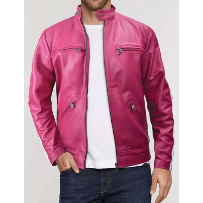 Men'S Pink Sheepskin Leather Sportsman Stripe Jacket Look