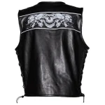 Men's Premium Leather Vest with Night Reflective Skulls Back View