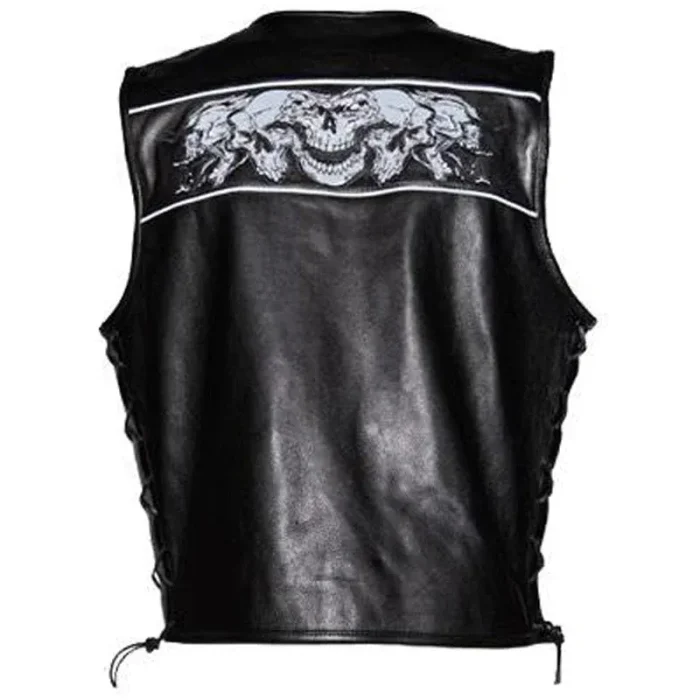 Men'S Premium Leather Vest With Night Reflective Skulls Back View