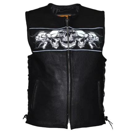 Men's Premium Leather Vest with Night Reflective Skulls