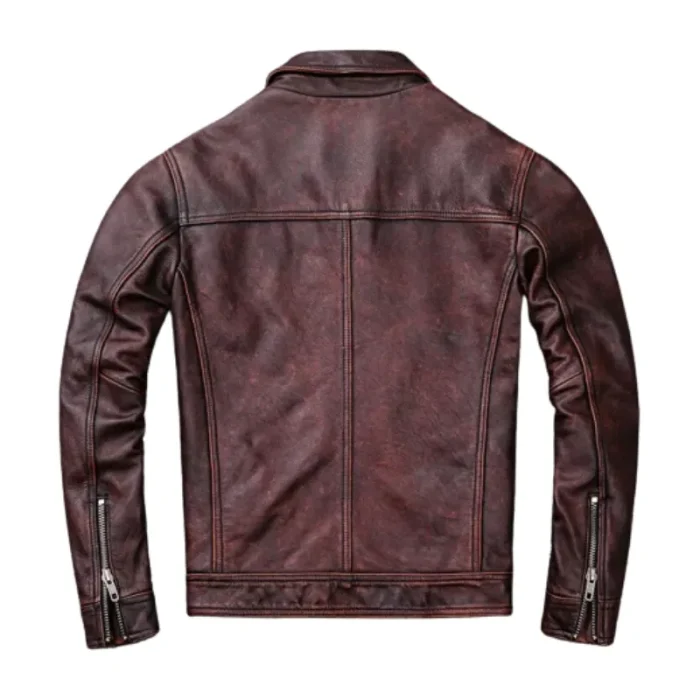 Men'S Red Brown Lambskin Leather Distressed Jacket Back