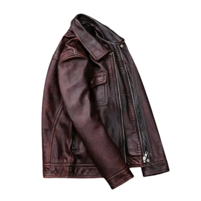 Men'S Red Brown Lambskin Leather Distressed Jacket Side