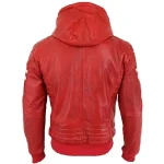 Men's Red Quilted Slim Fit Hooded Leather Bomber Jacket Back