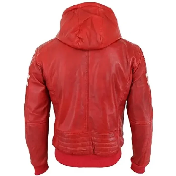 Men'S Red Quilted Slim Fit Hooded Leather Bomber Jacket Back