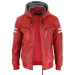 Men's Red Quilted Slim Fit Hooded Leather Bomber Jacket Front