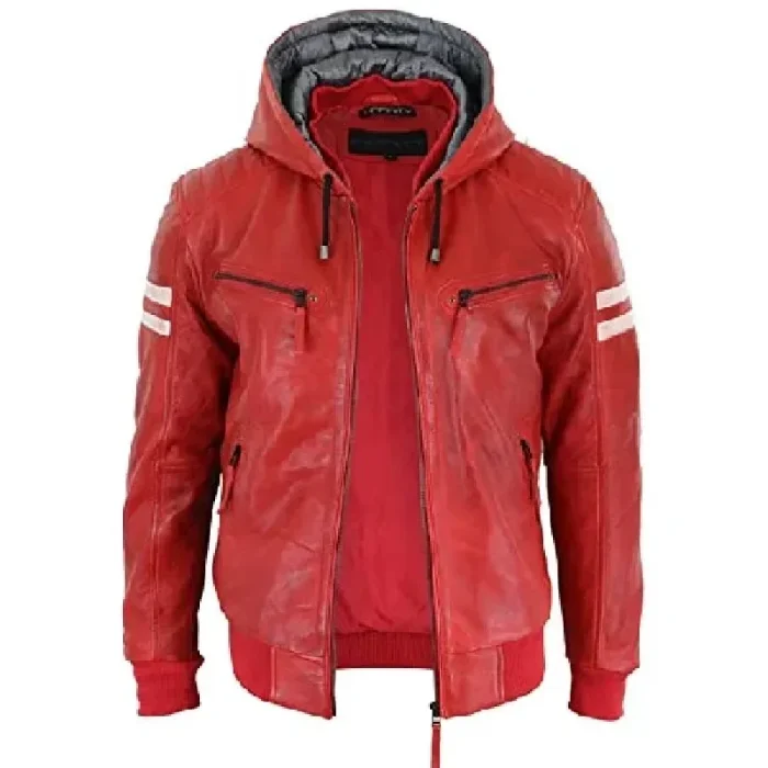 Men'S Red Quilted Slim Fit Hooded Leather Bomber Jacket Front