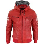 Men's Red Quilted Slim Fit Hooded Leather Bomber Jacket