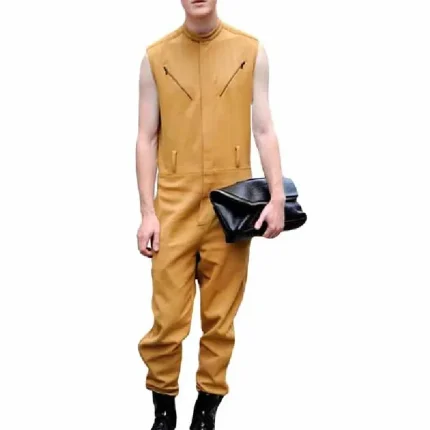 Men's Tan Beige Sleeveless Zippered Leather Jumpsuit