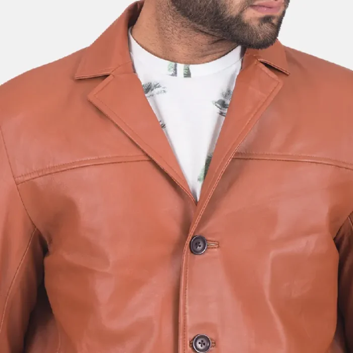 Men'S Tan Brown Leather Blazer Close View