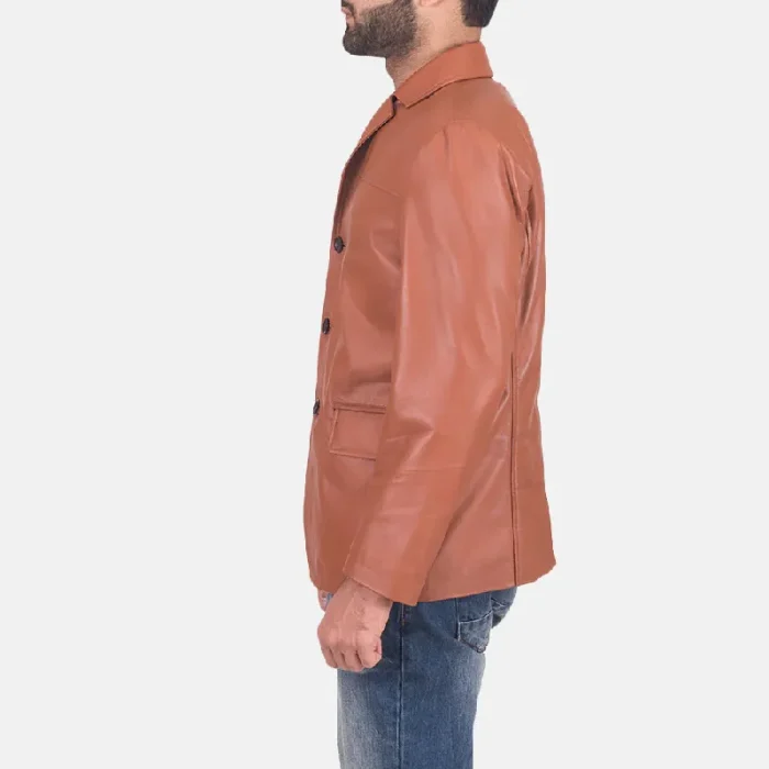 Men'S Tan Brown Leather Blazer Side Look