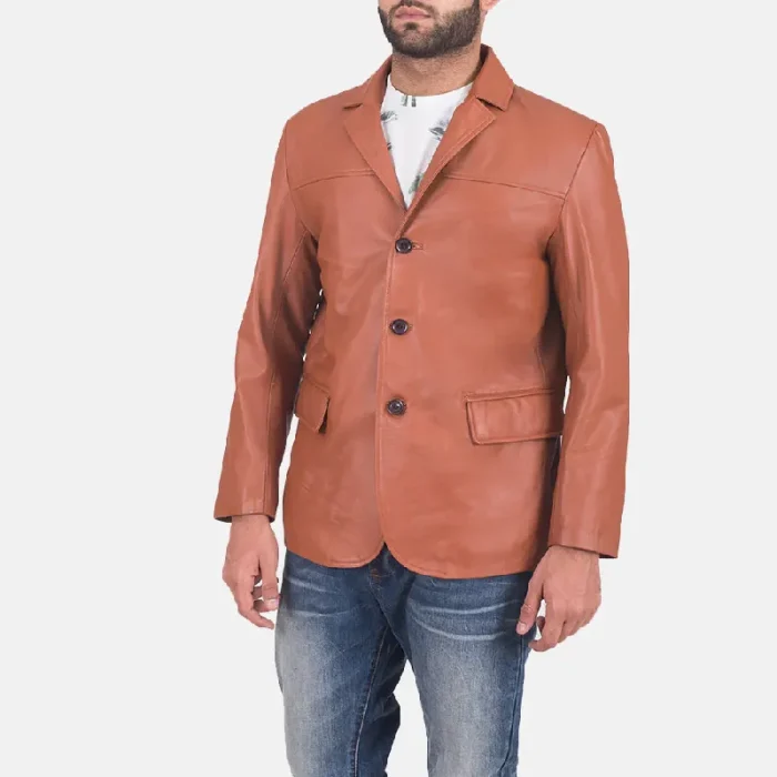 Men'S Tan Brown Leather Blazer Side View
