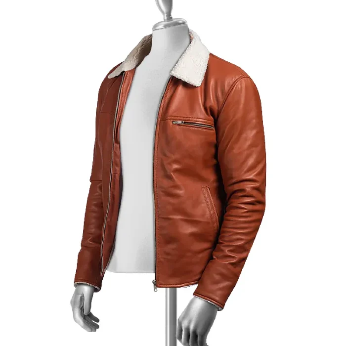 Men’s Tan Brown Shearling Leather Jacket Side