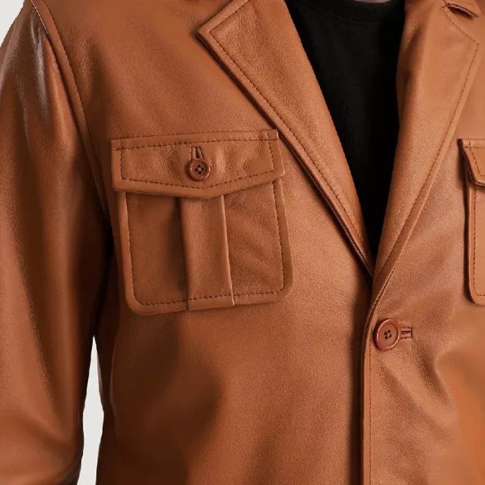 Men'S Tan Brown Sheepskin Leather Blazer Close Look